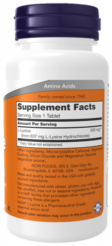 NOW L-Lysine 500 mg, L-Лизин 500 мг, 250 таблеток